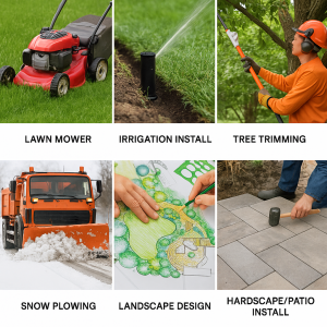 Collage of various landscaping services including lawn mowing, irrigation installation, tree trimming, and hardscape installation.