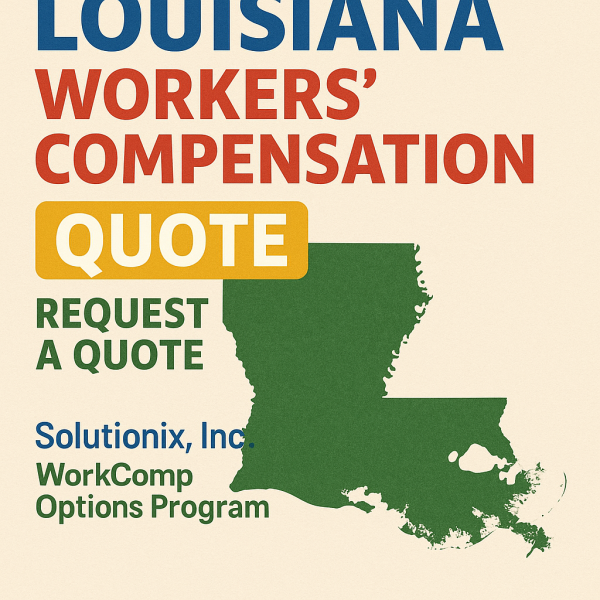 Graphic displaying Louisiana state outline with text about workers' compensation quote and request.