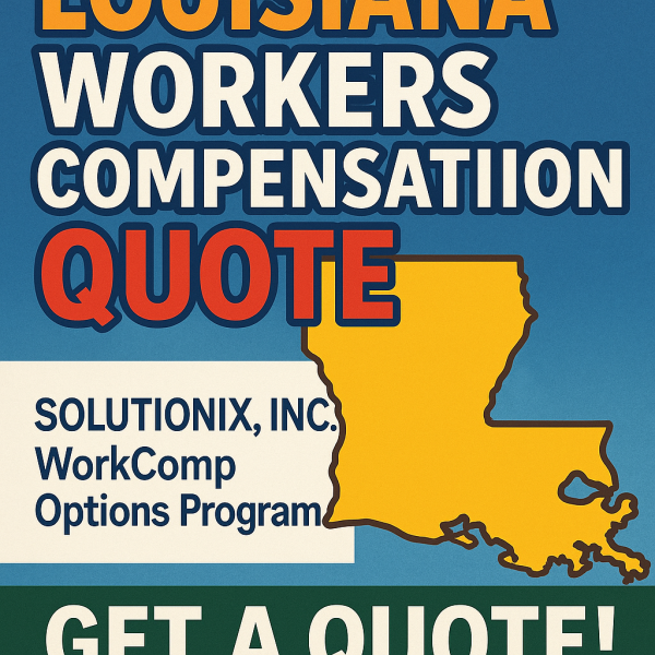 Graphic displaying Louisiana workers compensation quote with state outline and company information.