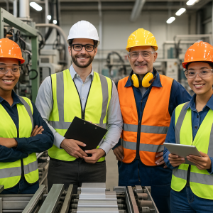 Four manufacturing workers wearing safety helmets and vests in a factory setting.