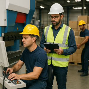 Two manufacturing workers in safety gear operating machinery in a factory setting.