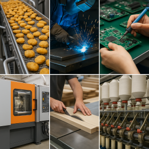 Collage of various manufacturing processes including food production, welding, electronics assembly, and woodworking.