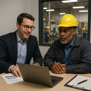 Two men in a workplace setting discussing while looking at a laptop on a table.
