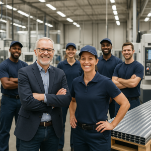 A group of six manufacturing workers posing together in a factory setting with machinery in the background.