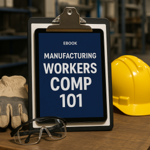Tablet displaying an ebook titled 'Manufacturing Workers Comp 101' on a clipboard next to safety gear.