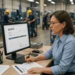 Woman writing on a notepad while looking at a computer screen displaying a quote form in a manufacturing facility. Woman writing on a notepad while looking at a computer screen displaying a quote form in a manufacturing facility.