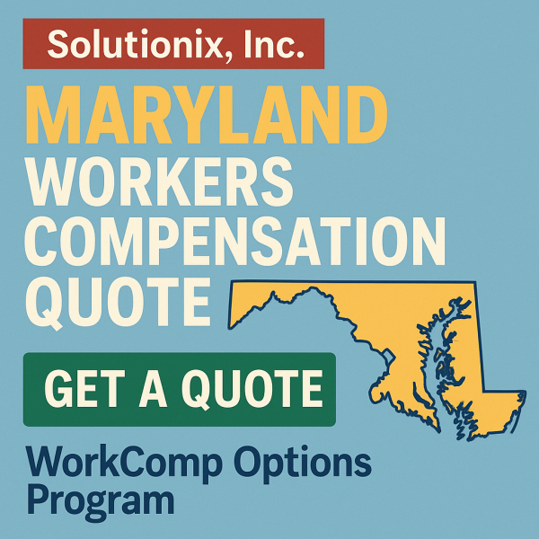 Graphic displaying a Maryland workers compensation insurance quote with the state outline and text elements.