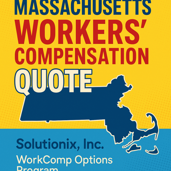 Graphic displaying a Massachusetts map with the text 'Workers' Compensation Quote' and company name 'Solutionix, Inc.'