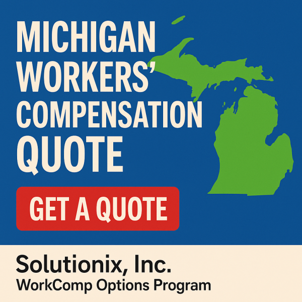 Graphic featuring a Michigan map with text for a workers' compensation quote from Solutionix, Inc.