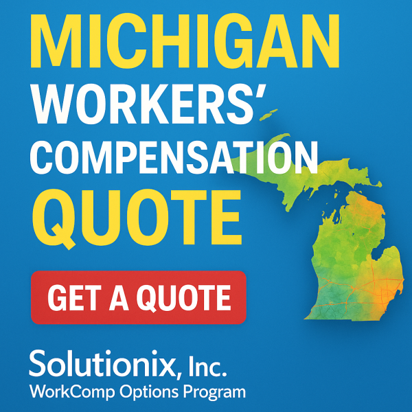 Graphic displaying a Michigan map with text for workers' compensation quote from Solutionix, Inc.