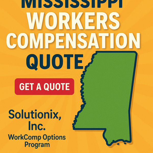 Graphic displaying Mississippi outline with text about workers compensation quote and company name.