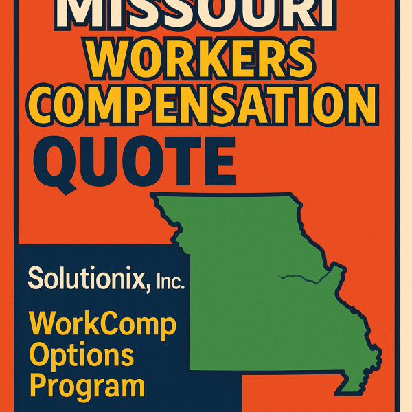 Graphic design featuring the text 'Missouri Workers Compensation Quote' and a map outline of Missouri.