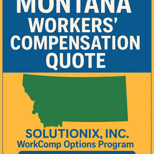 Graphic displaying a Montana state outline with text about workers' compensation quote from Solutionix, Inc.