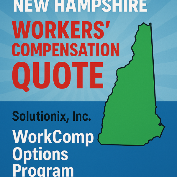 Graphic displaying a New Hampshire workers' compensation quote with state outline and program details.