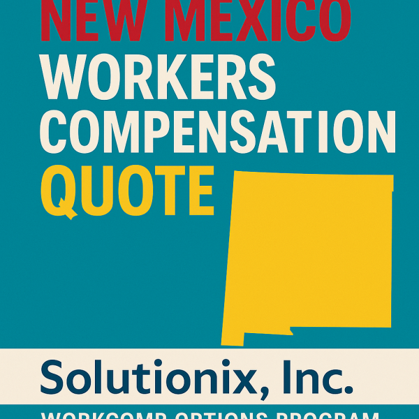 Graphic displaying a New Mexico workers compensation quote with the state outline and company name.