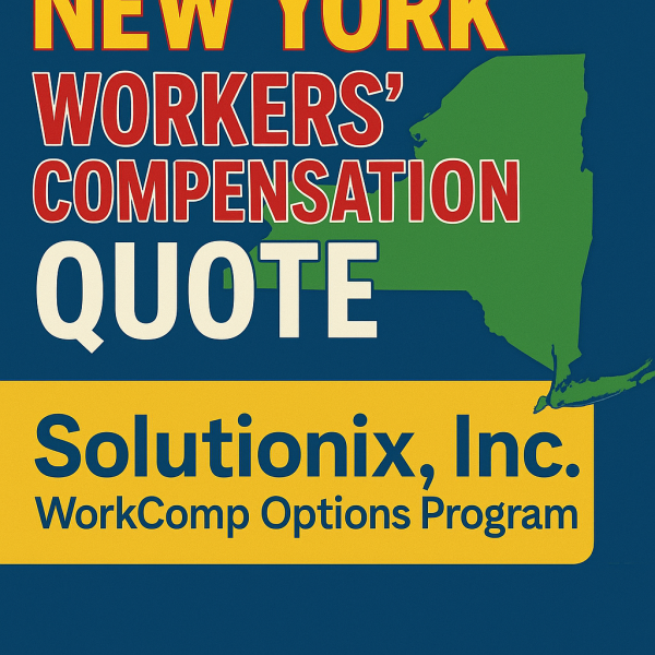 Graphic displaying New York Workers' Compensation Quote from Solutionix, Inc. with program details.