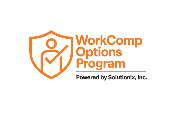 Logo of the WorkComp Options Program featuring an icon and text in orange and black colors.