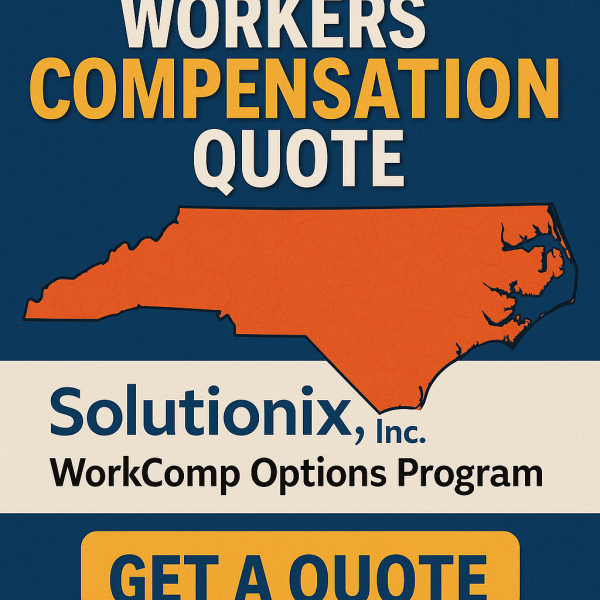 Graphic featuring North Carolina outline with workers compensation quote text and Solutionix, Inc. branding.