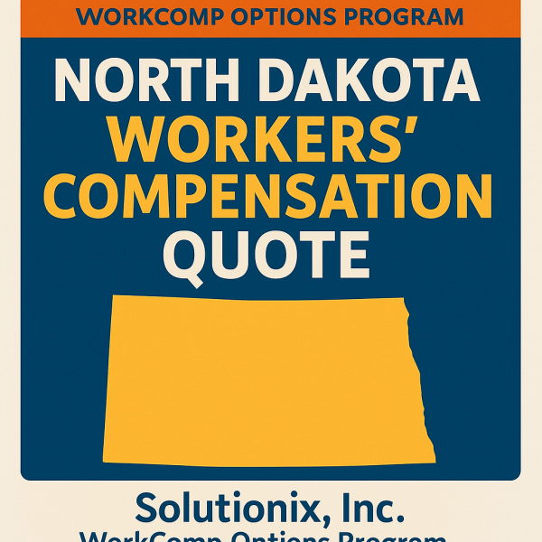 Graphic displaying North Dakota Workers' Compensation Quote with a state outline and company name.