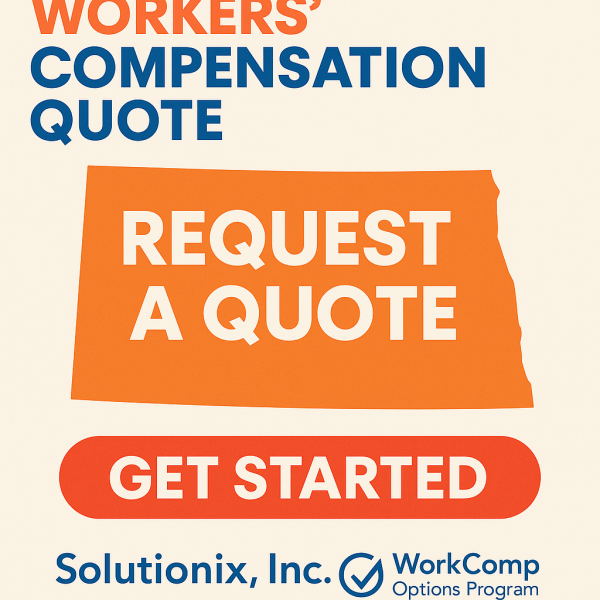 Graphic featuring a North Dakota outline with text for requesting a workers' compensation quote.