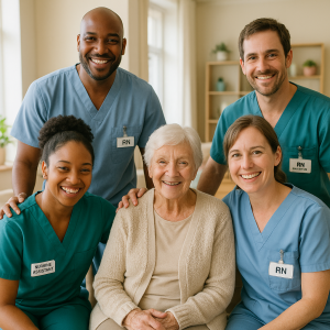 Four nurses in scrubs posing with an elderly woman in a care facility setting. Four nurses in scrubs posing with an elderly woman in a care facility setting.