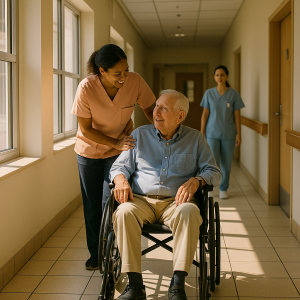 A caregiver assisting a resident in a wheelchair while another staff member walks in the background. A caregiver assisting a resident in a wheelchair while another staff member walks in the background.