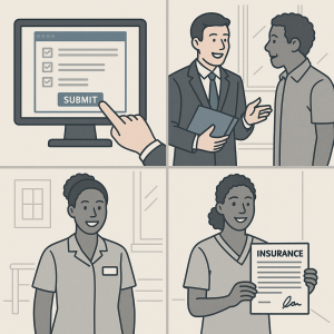 Four-panel illustration depicting steps in an insurance process, including submission, consultation, and receiving a policy. Four-panel illustration depicting steps in an insurance process, including submission, consultation, and receiving a policy.