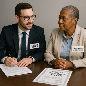 An insurance advisor and a nursing home administrator discussing a facility compliance certificate at a table. An insurance advisor and a nursing home administrator discussing a facility compliance certificate at a table.