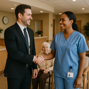 A healthcare professional in scrubs shaking hands with a visitor in a nursing home setting. A healthcare professional in scrubs shaking hands with a visitor in a nursing home setting.