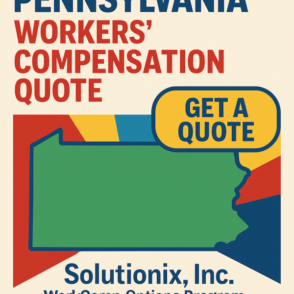 Graphic featuring a Pennsylvania map with the text 'Workers' Compensation Quote' and a call to action for a quote.