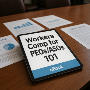 Tablet displaying an eBook titled 'Workers Comp for PEOs/ASOs 101' on a wooden table with printed documents.