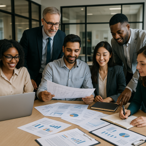 A group of six professionals reviewing documents and charts in a modern office environment.