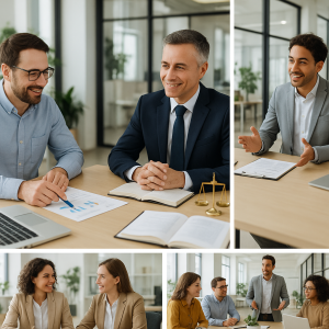 Group of professionals engaged in a business meeting in a modern office setting.