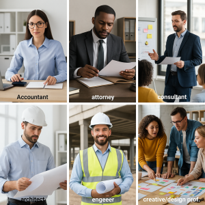 Collage of professionals including an accountant, attorney, consultant, architect, engineer, and creative/design professional.