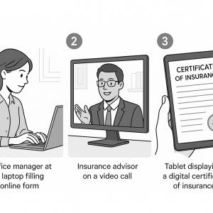 Illustration showing an office manager filling an online form, an insurance advisor on a video call, and a digital certificate of insurance.