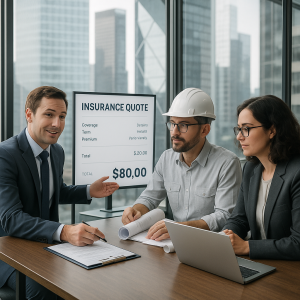 Three professionals discussing an insurance quote in an office setting with a presentation screen displaying details.