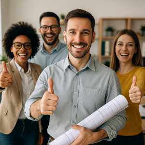 Four professionals smiling and giving thumbs up while holding a rolled blueprint in an office setting.