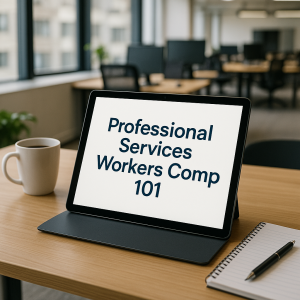 Tablet on a wooden desk showing the text 'Professional Services Workers Comp 101' with a coffee cup and notebook nearby.