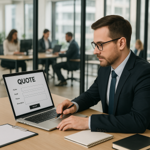 Business professional in a suit working on a laptop displaying a quote document in an office setting.