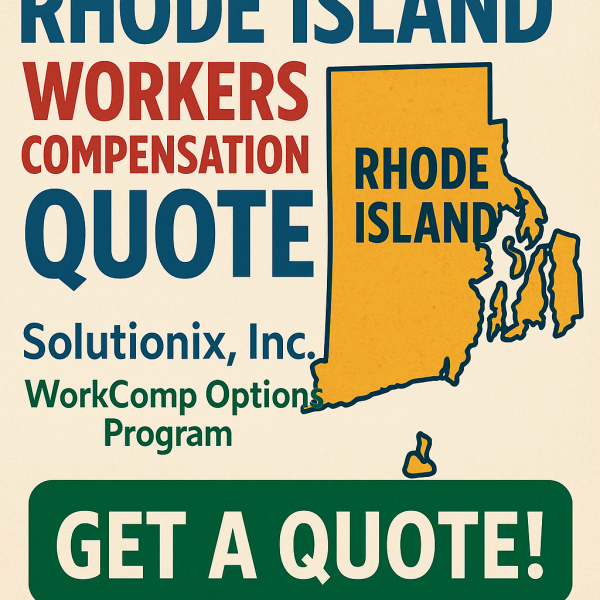 Graphic displaying a Rhode Island workers compensation quote with state outline and contact information.