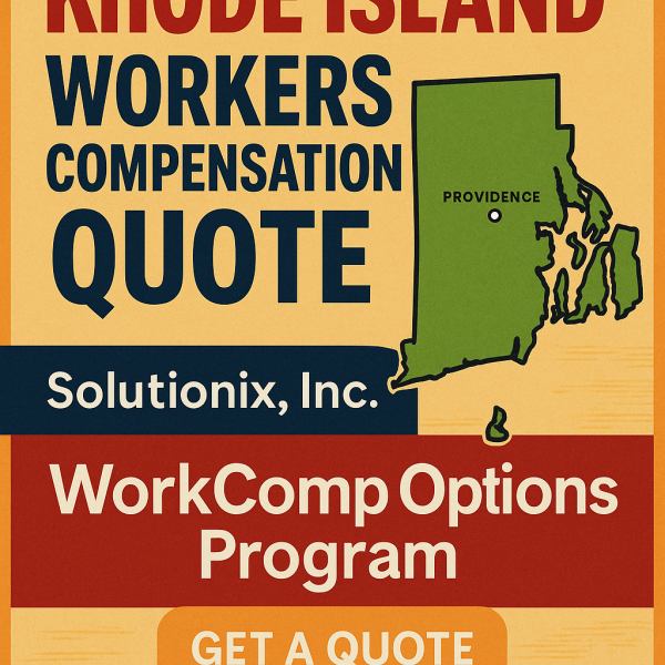 Graphic featuring Rhode Island state outline with text about workers compensation insurance quote from Solutionix, Inc.