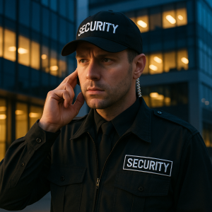 Security guard wearing a black uniform and cap with 'SECURITY' text, communicating via earpiece.