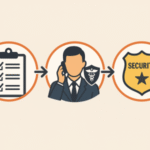 Illustration depicting a security process with a checklist, a phone call, and a security badge.