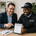 A businessman and a security guard reviewing an insurance document on a tablet at a table.