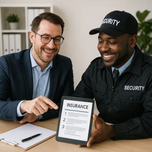 A businessman and a security guard reviewing an insurance document on a tablet at a table.