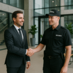 A businessman in a suit shaking hands with a security guard in uniform in a modern building.