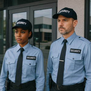 Two security guards wearing blue uniforms and caps with 'SECURITY' printed on them, standing outside a building.