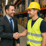 A staffing agency owner in a suit shakes hands with a construction worker wearing a yellow hard hat and a reflective vest. A staffing agency owner in a suit shakes hands with a construction worker wearing a yellow hard hat and a reflective vest.