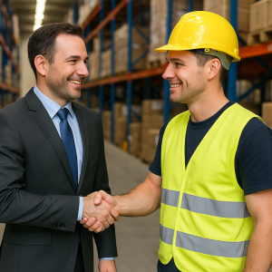 A staffing agency owner in a suit shakes hands with a construction worker wearing a yellow hard hat and a reflective vest. A staffing agency owner in a suit shakes hands with a construction worker wearing a yellow hard hat and a reflective vest.