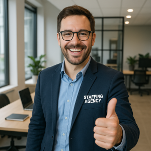 Man wearing a suit with a 'Staffing Agency' logo, giving a thumbs-up in an office setting. Man wearing a suit with a 'Staffing Agency' logo, giving a thumbs-up in an office setting.